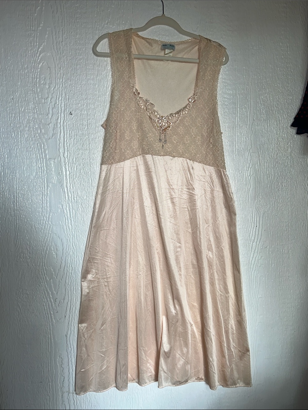 Delta Burke Blush Cream Lace-Trim Satin Chemise with Beaded Accent